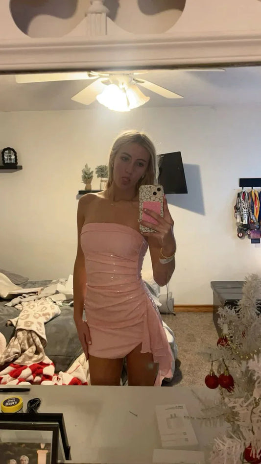 Sexy Strapless Tight Short Prom Dresses Pink Birthday Dresses Sequins Sparkly Homecoming Dresses