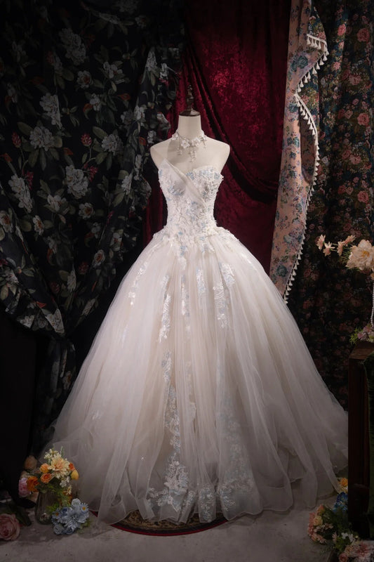 Fairy A-line Long Wedding Dresses Tulle Appliques White Bridal Gowns Sleeveless Sweetheart Bridal Dresses