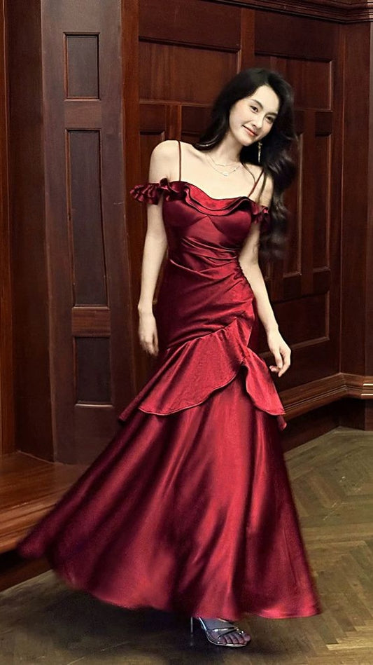 Elegant Burgundy Long Prom Dresses Ruffle Evening Dress,AST2104