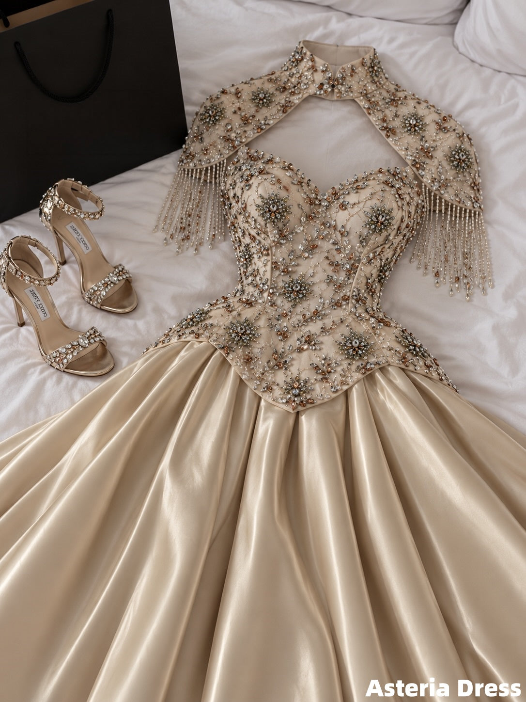 Elegant Champagne Beaded Satin A-Line Prom Dresses, Long Formal Party Dress