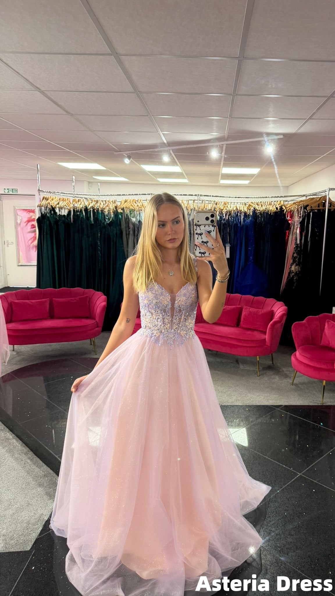 Elegant Lilac Pink Appliques Tulle Prom Dresses, A-Line Formal Dress
