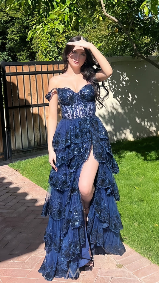 Elegant Navy Blue Lace Prom Dresses Ruffle Evening Dress With Slit,AST2099