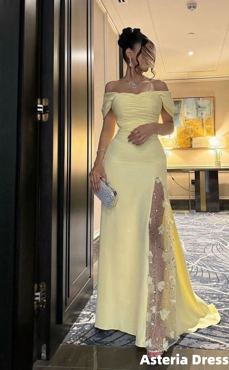 Elegant Off The Shoulder Yellow Floral Long Prom Dress