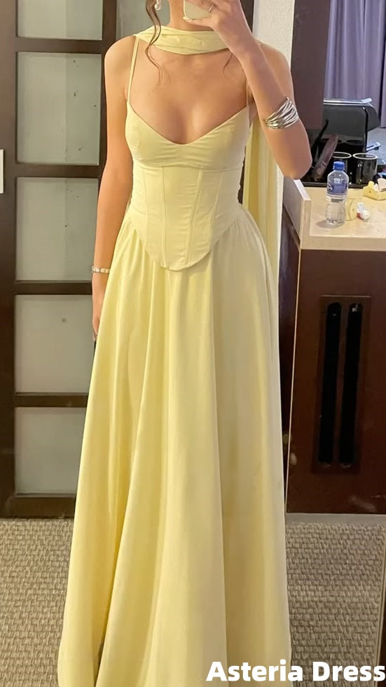 Elegant Yellow Corset V-Neck Senior Prom Dresses Long Party Formal Gowns