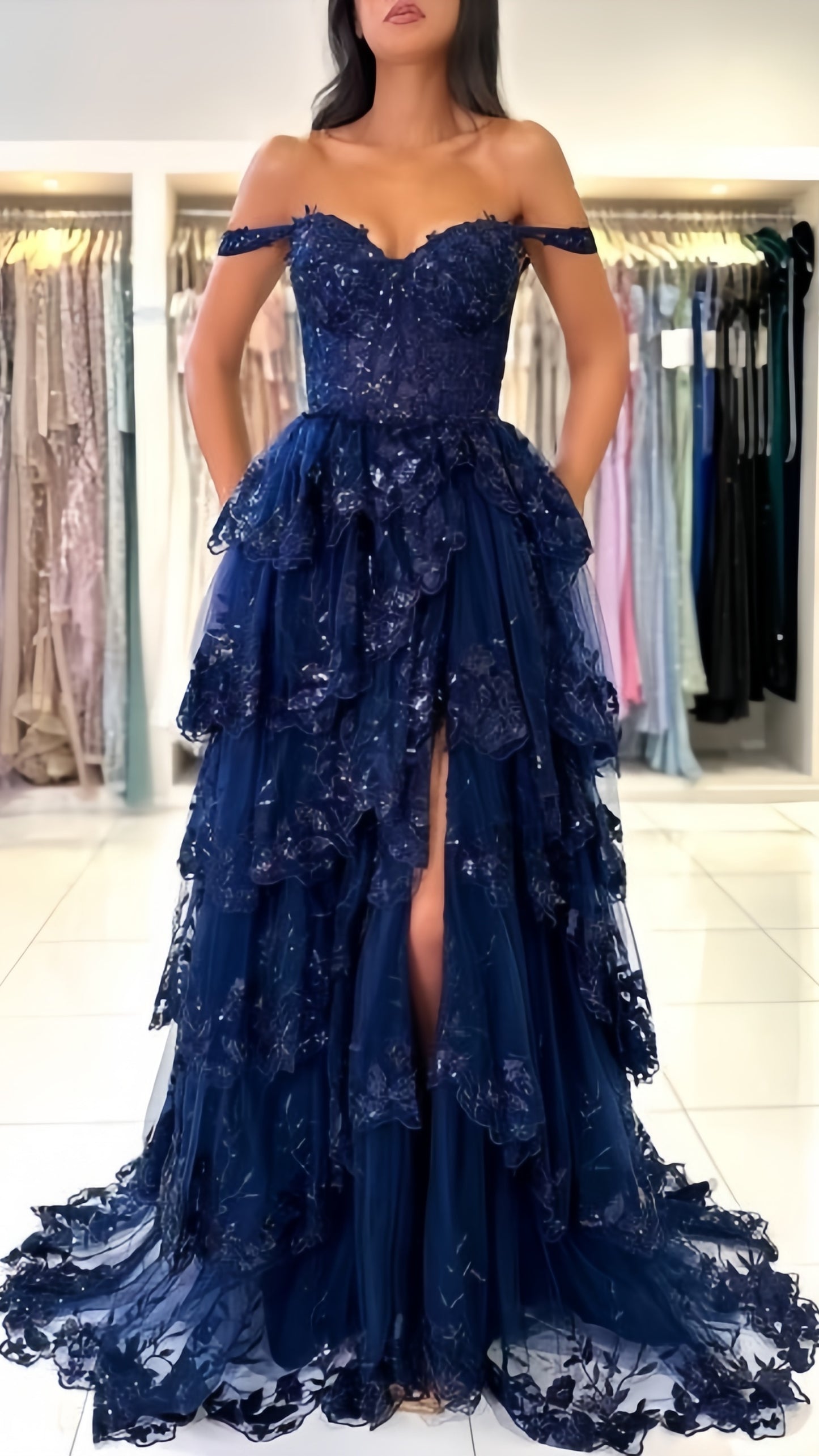 Elegant Navy Blue Lace Prom Dresses Ruffle Evening Dress With Slit,AST2099