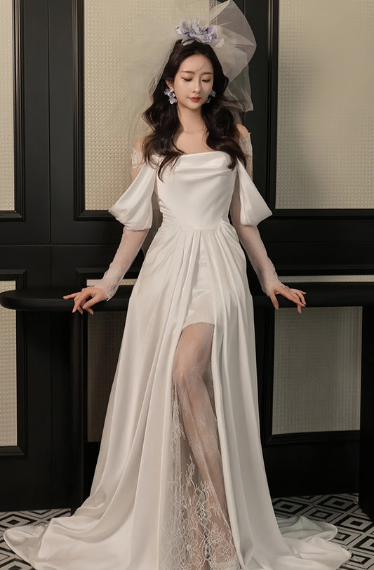Elegant White Satin Lace Wedding Dress, Flowing Wedding Reception Dress,AST1752