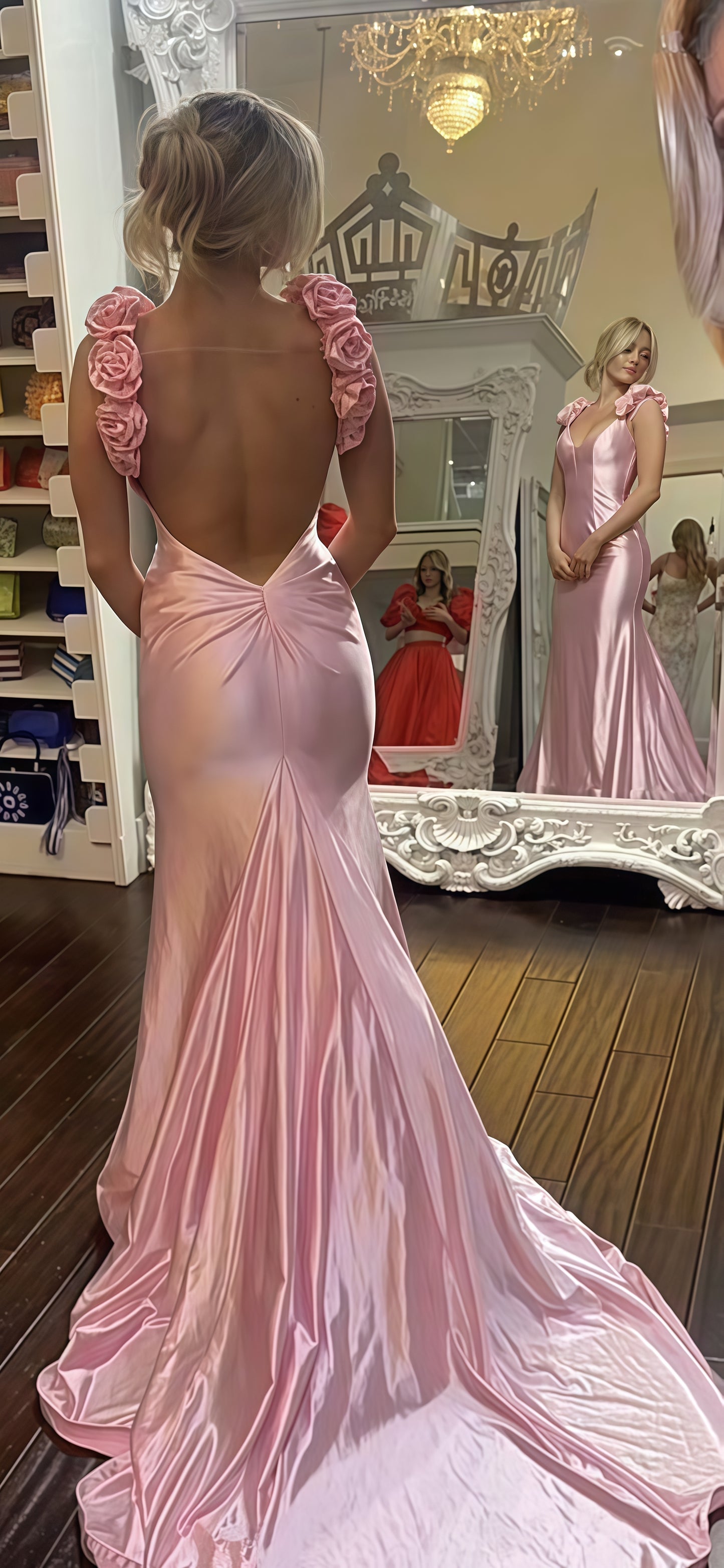 Floral Pink V-neck Evening Prom Dresses With Open Back,AST1670