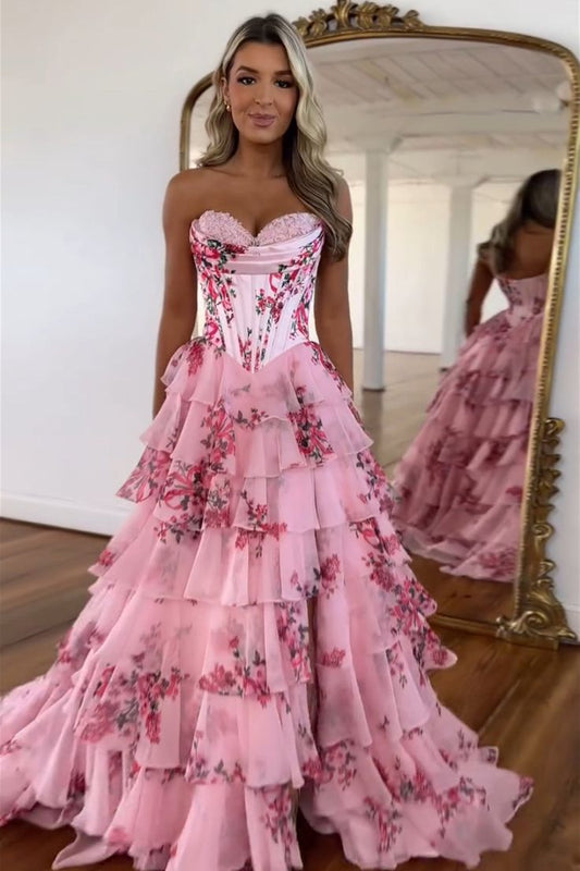Floral Prom Dresses A-Line Ruffle Evening Party Dress With Slit,AST2199