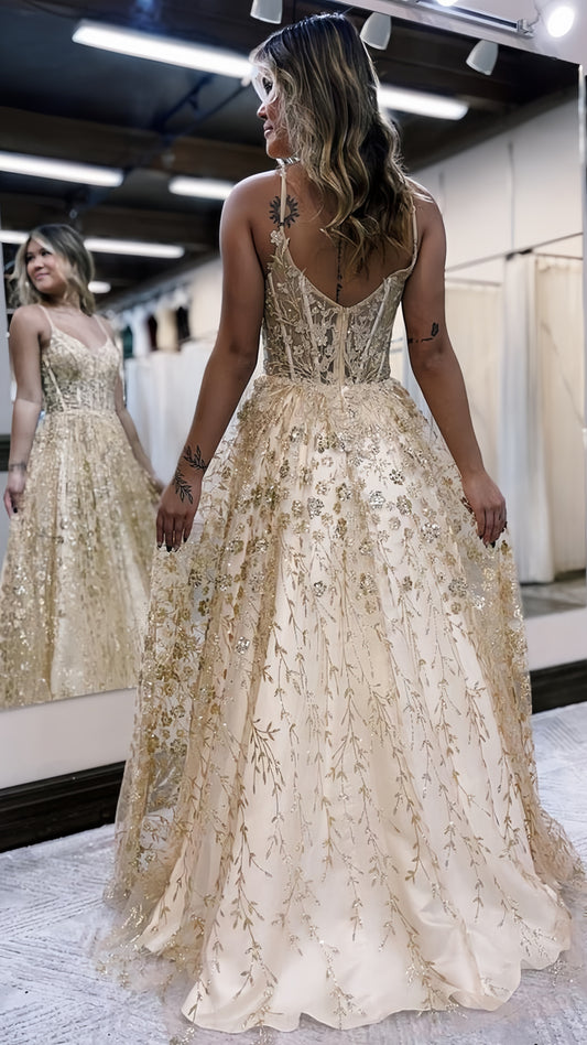 Glitter Sequin Lace Prom Dress, A-Line Evening Party Gown, AST1589