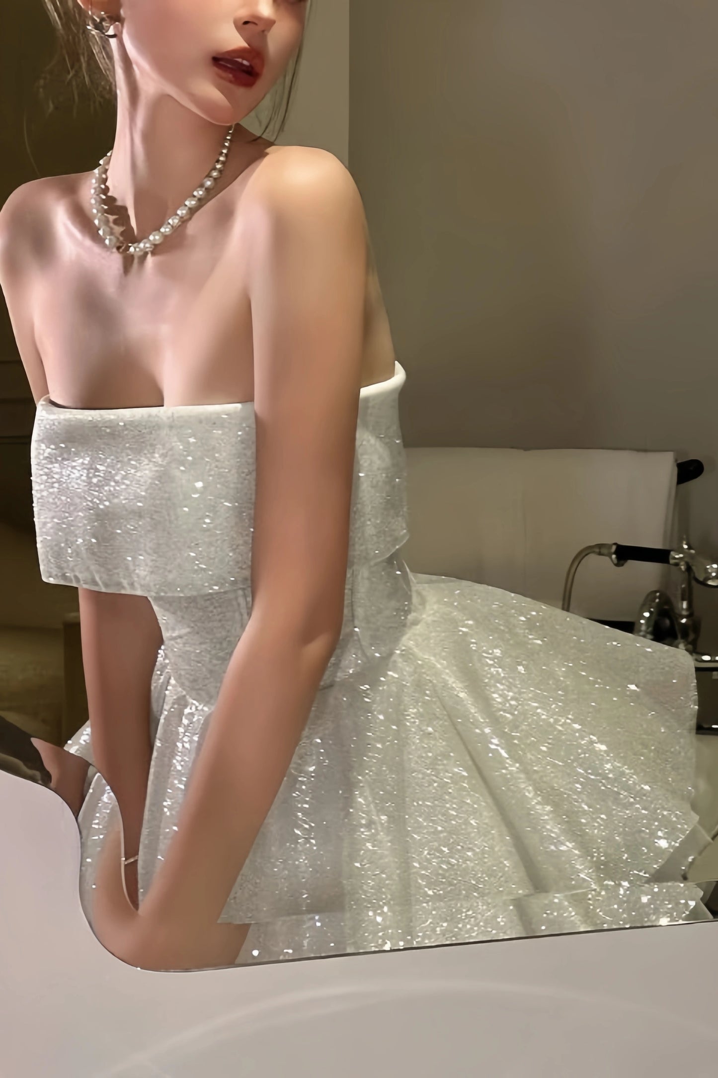 Glitter White Homecoming Dress Strapless Graduation Party Ball Gown, AST1945