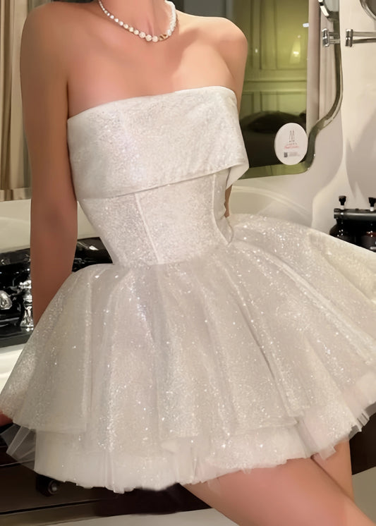Glitter White Homecoming Dress Strapless Graduation Party Ball Gown, AST1945