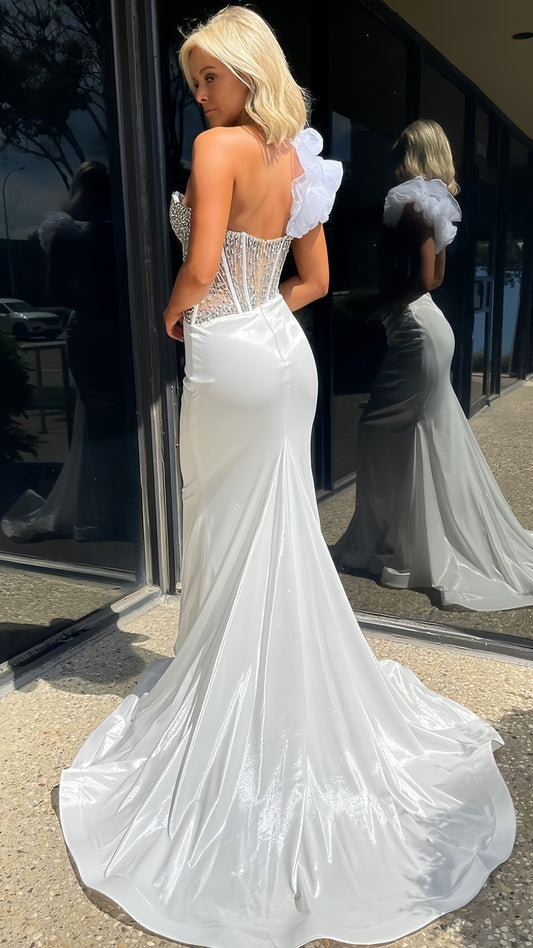 Glitter White Mermaid Beaded Prom Dress, Long Evening Formal Gown, AST1592