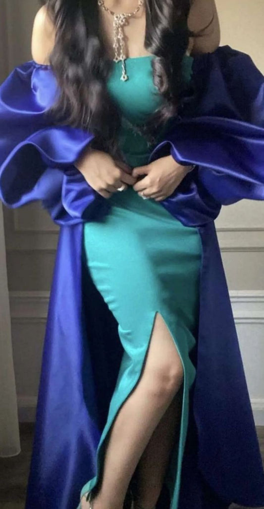Green Blue Satin Bodycon Party Dress, Bubble Sleeves Cloak Celebrity Dress,AST1767