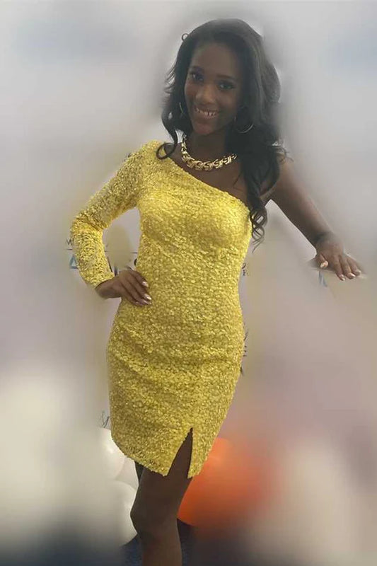 One Sleeve Hot Pink Homecoming Dress Sequins Party Dress, AST1084