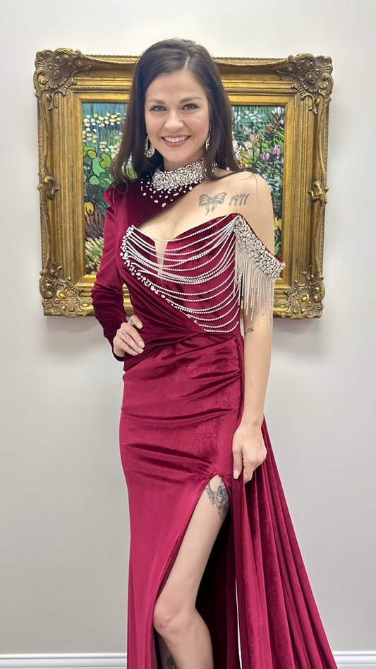 High Quality Evening Party Dress, Burgundy Velvet Prom Dress, One Sleeve Beaded Long Dress, AST1541