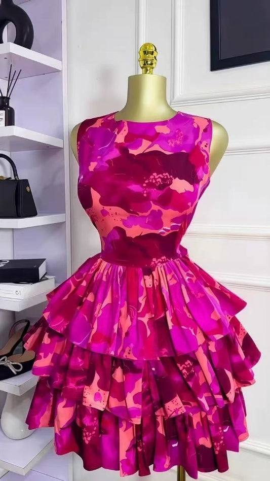 Hot Pink Floral Print Homecoming Dresses O-neck Ruffle Party Dress,AST2003