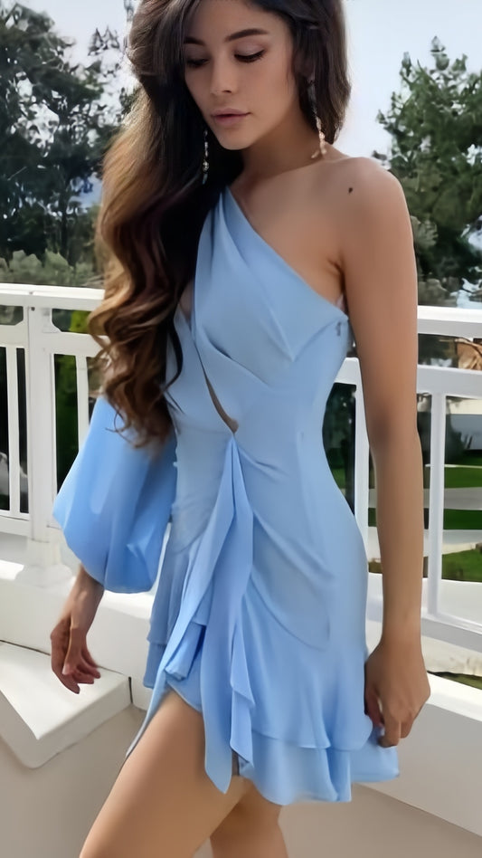 Light Blue Chiffon Homecoming Dresses One Sleeve Mini Party Dress, AST1984