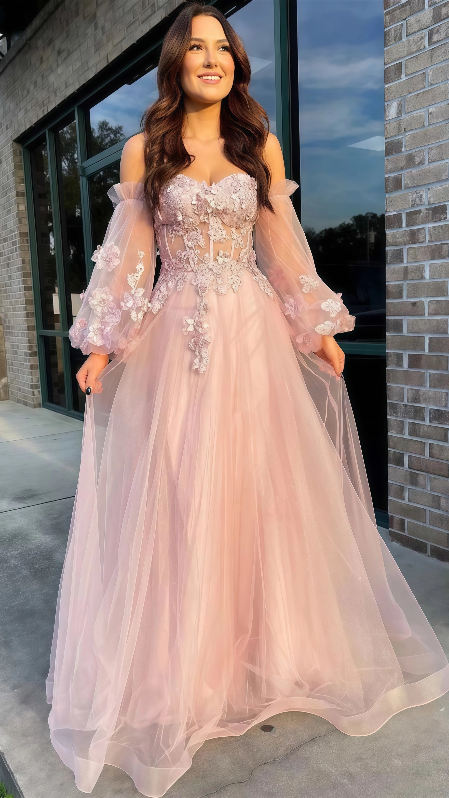 Light Pink A-Line Prom Dresses, Appliques Party Dress With Bubble Slee