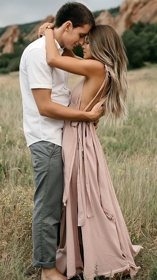 Light Pink Deep V-neck Long Prom Dresses Sexy Party Casual Dress,AST2155