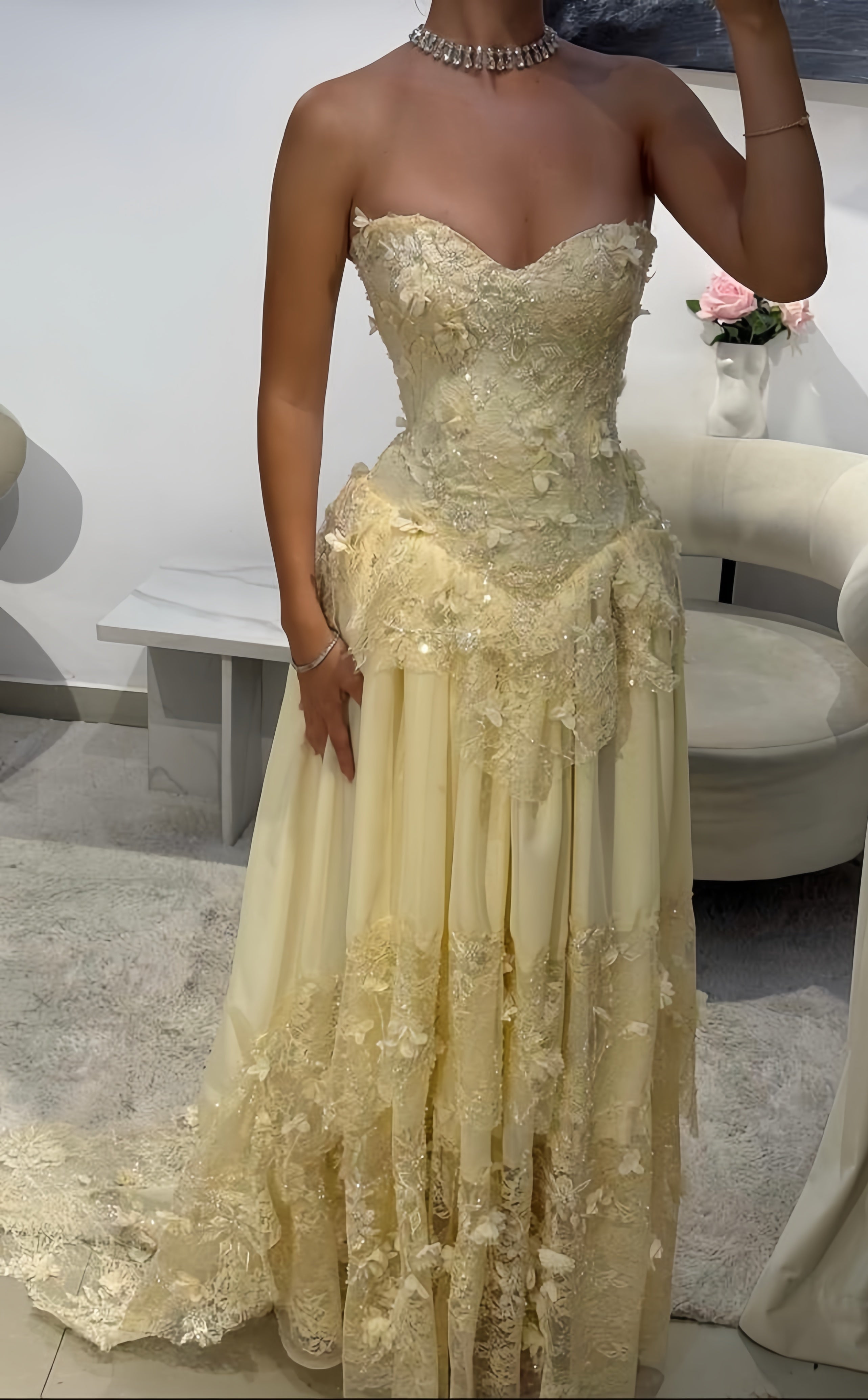 Light Yellow Floral Prom Dresses Lace Chiffon Evening Formal Gown,AST2