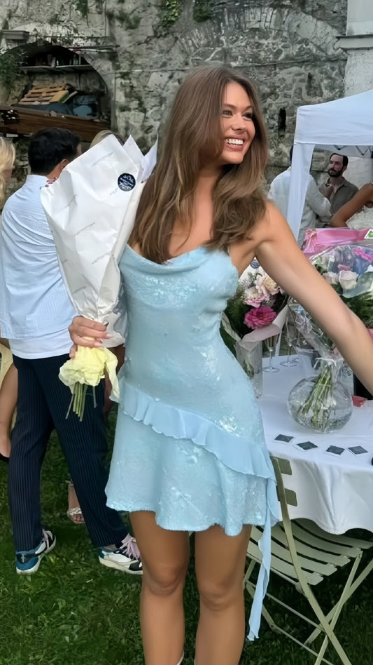 Light Blue Sequin Ruffle Homecoming Dresses Short Graduation Dress,AST1832