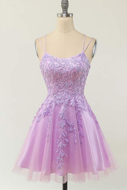 Light Purple Lace Appliques Short A-line Homecoming Dress, AST1192