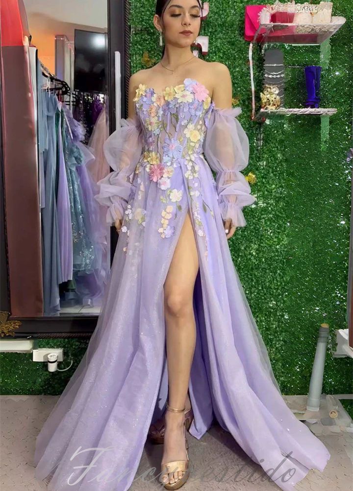 Lilac Floral Split Evening Prom Dress,AST1719