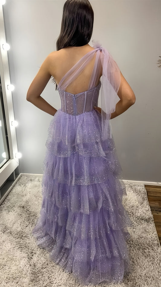 Lilac One Shoulder Ruffle Long Prom Dresses, AST1596