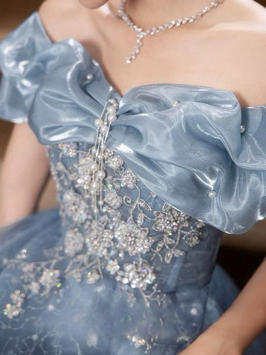 Luxury Blue A-Line Prom Dresses Off The Shoulder Appliques Evening Party Dress,AST2141