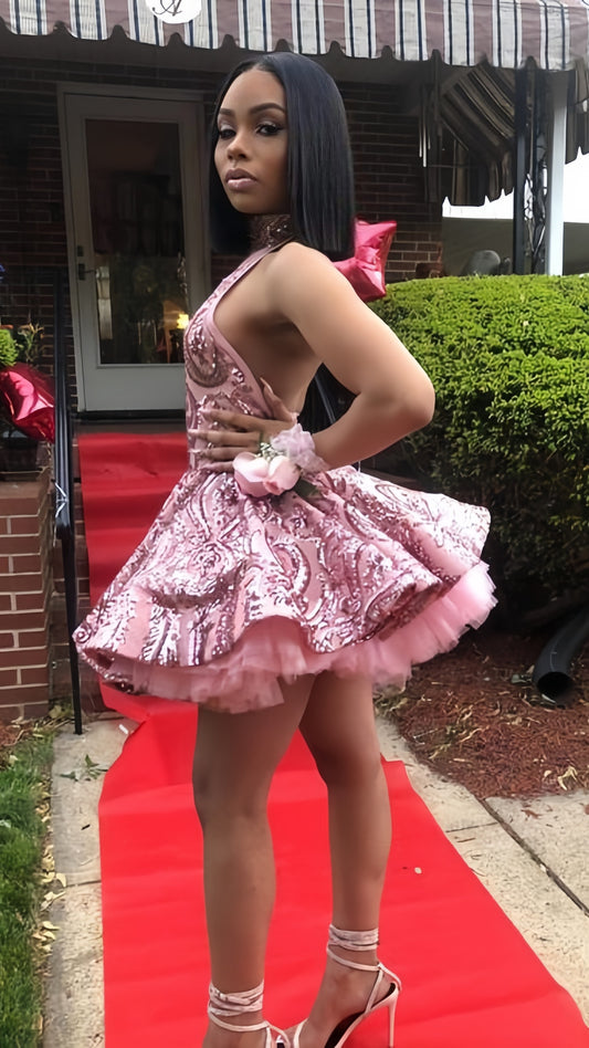 Luxury Pink A-line Homecoming Dresses Backless Party Dress, AST2048