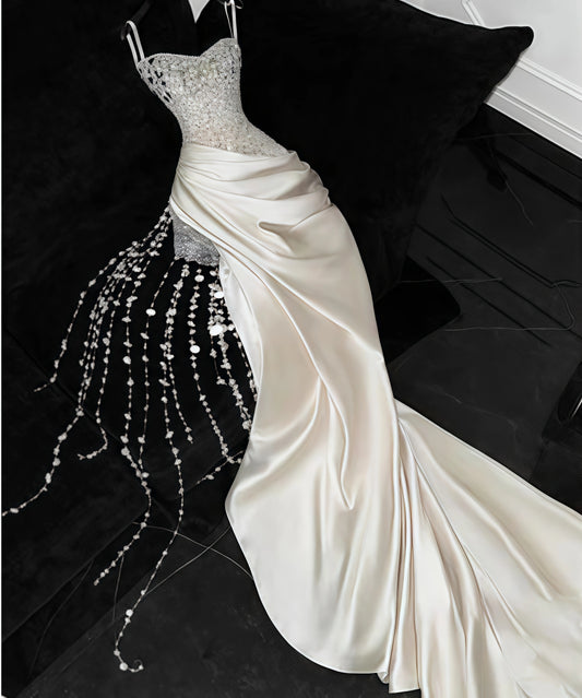 Luxury White Mermaid Party Dresses, Beaded Sleeveless Prom Dress,AST1857