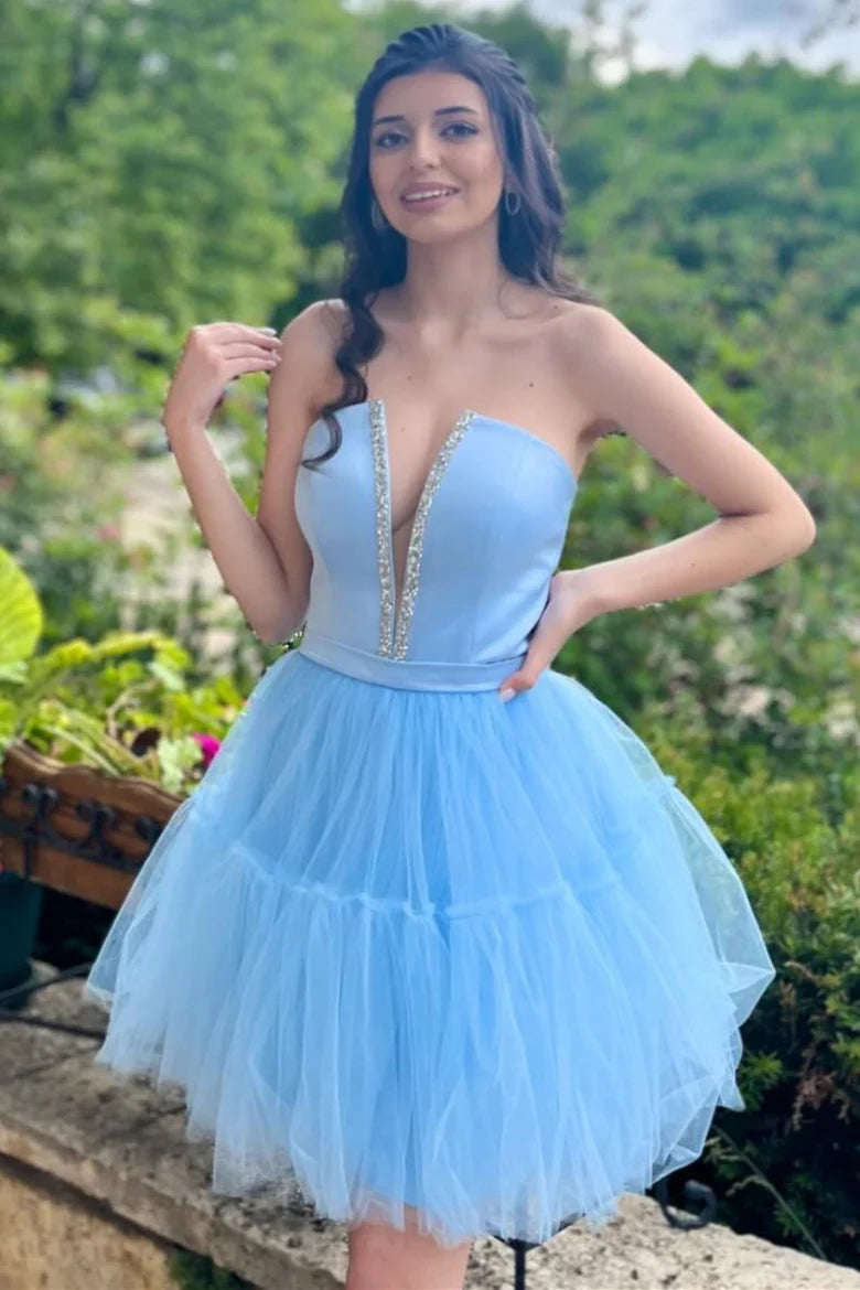 Light Blue Strapless Lace-Up A-Line Homecoming Dress,AST1201