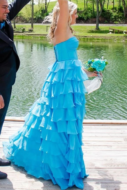 A-Line Strapless Empire-Waist Layered Chiffon Prom Dress with Slit