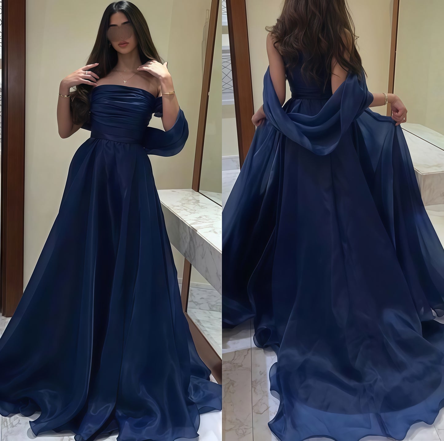 Navy Blue Organza A-line Evening Prom Dresses,AST1675