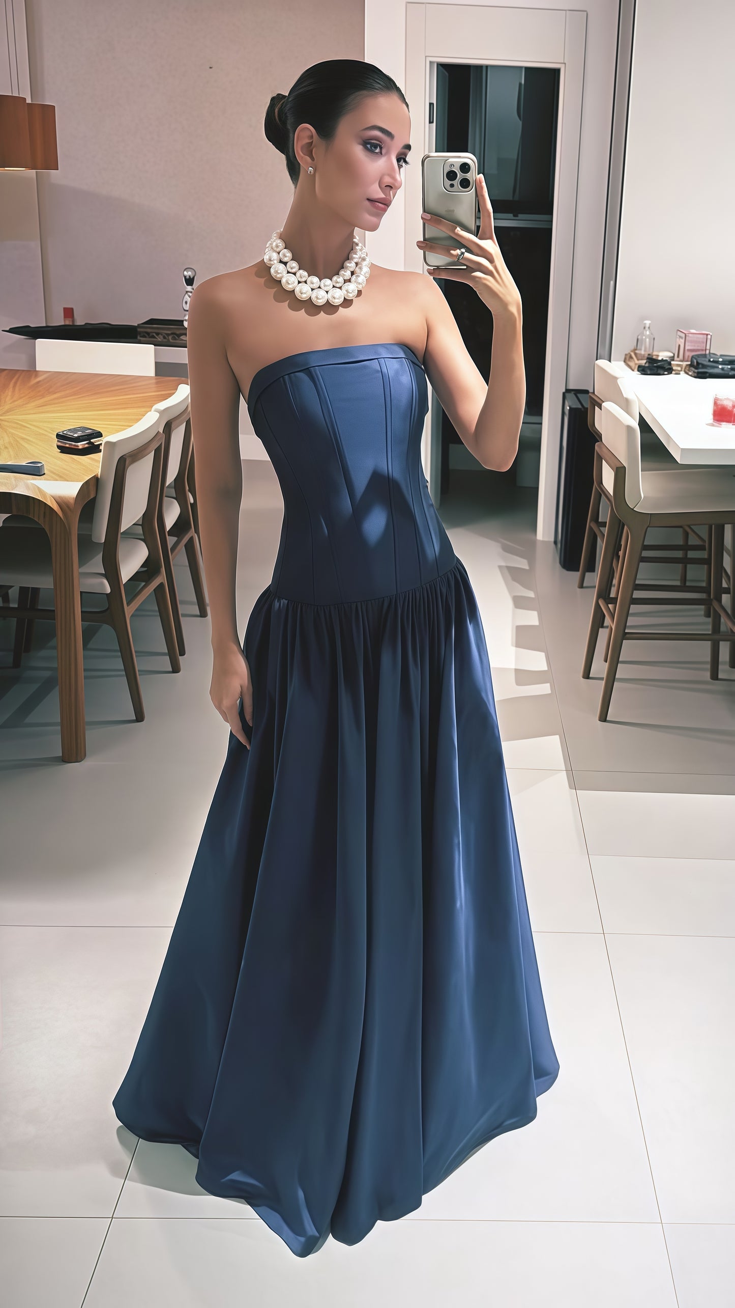 Navy Blue Strapless Long Prom Dress,AST1690