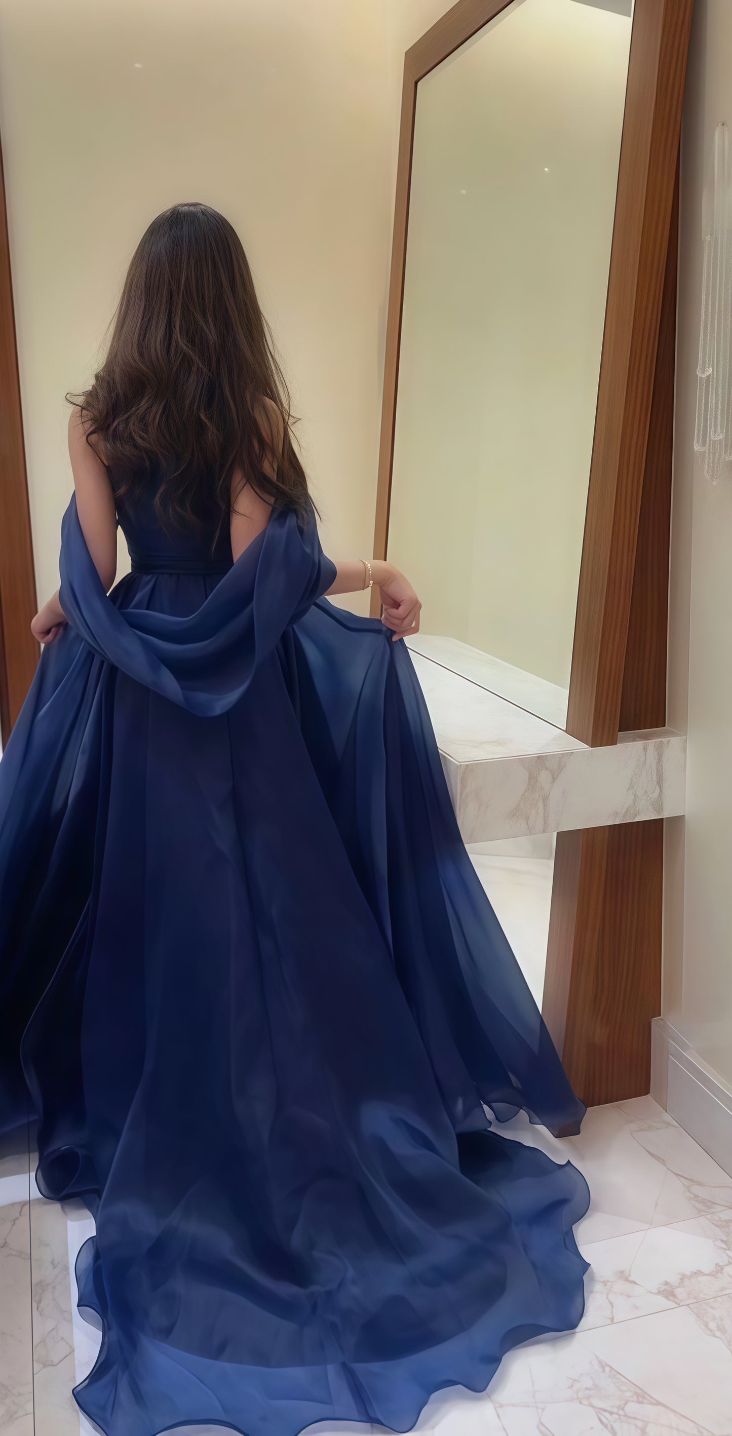 Navy Blue Strapless Organza Prom Dress, A-Line Evening Party Dress,AST1718