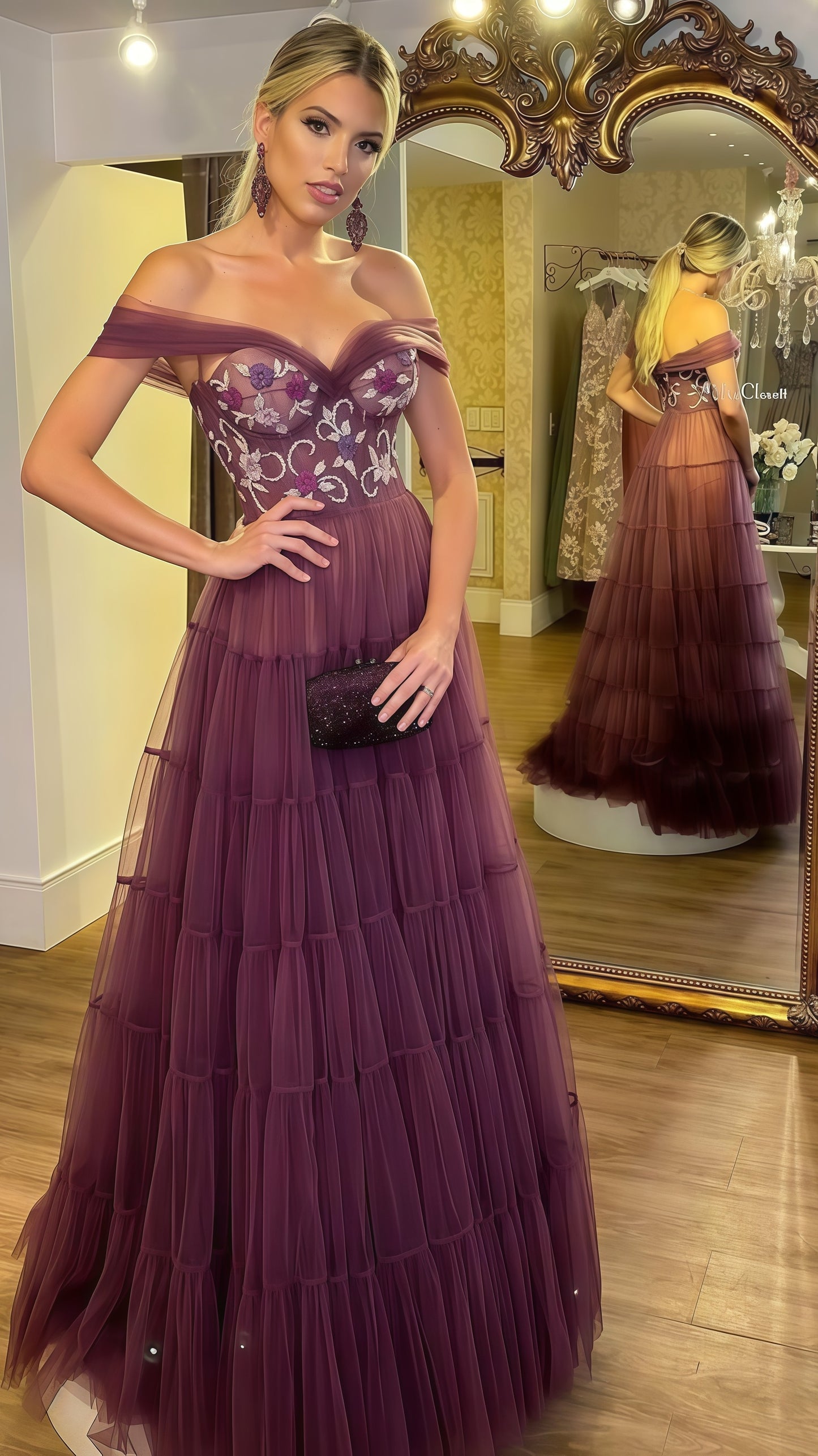 Off The Shoulder A-line Tulle Prom Dress, Embroidery Long Formal Gown,AST1680