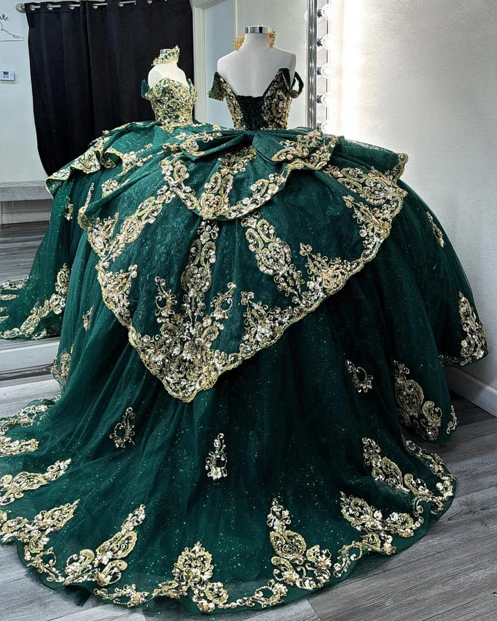 Off The Shoulder Dark Green Tulle Prom Dresses Royal Sweet 16 Dress,AST2114
