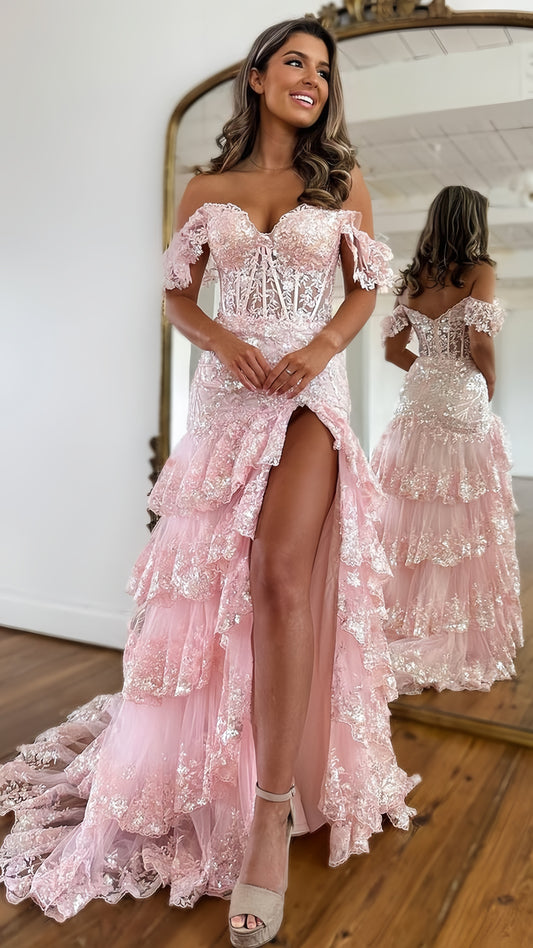 Off The Shoulder Pink Lace Ruffle Prom Dresses Long Evening Formal Gown,AST2100