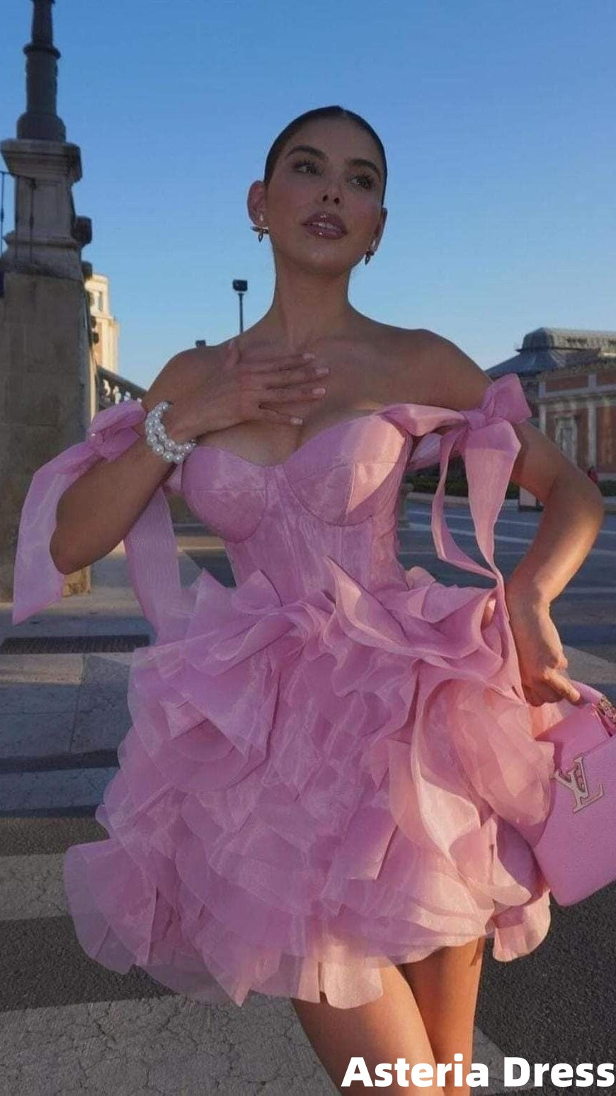 Off The Shoulder Pink Ruffle Homecoming Dresses