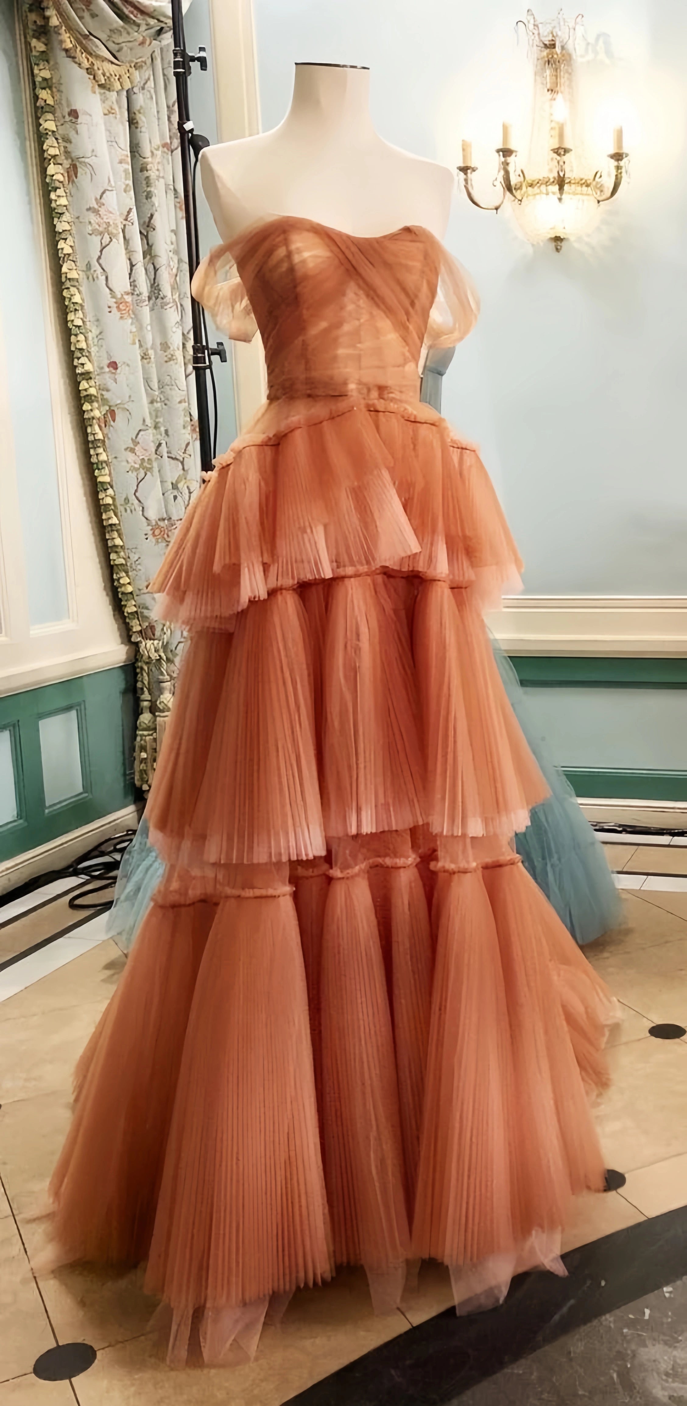 Off The Shoulder Tulle Prom Dresses, Ruffles Evening Formal Gown Long