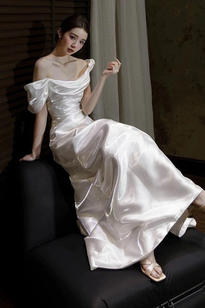 Off The Shoulder White Mermaid Prom Dresses Pleated Evening Party Dress,AST2303