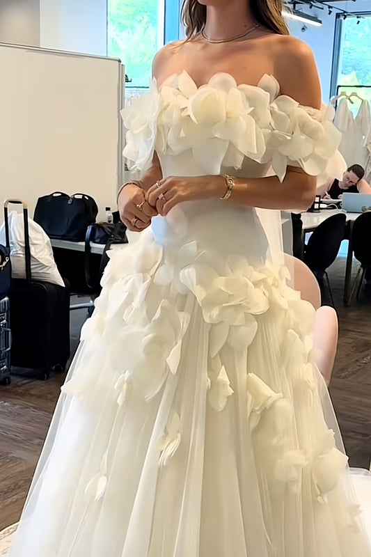 Off The Shoulder 3D Floral Wedding Dresses Tulle A-line Bridal Dress, AST1923