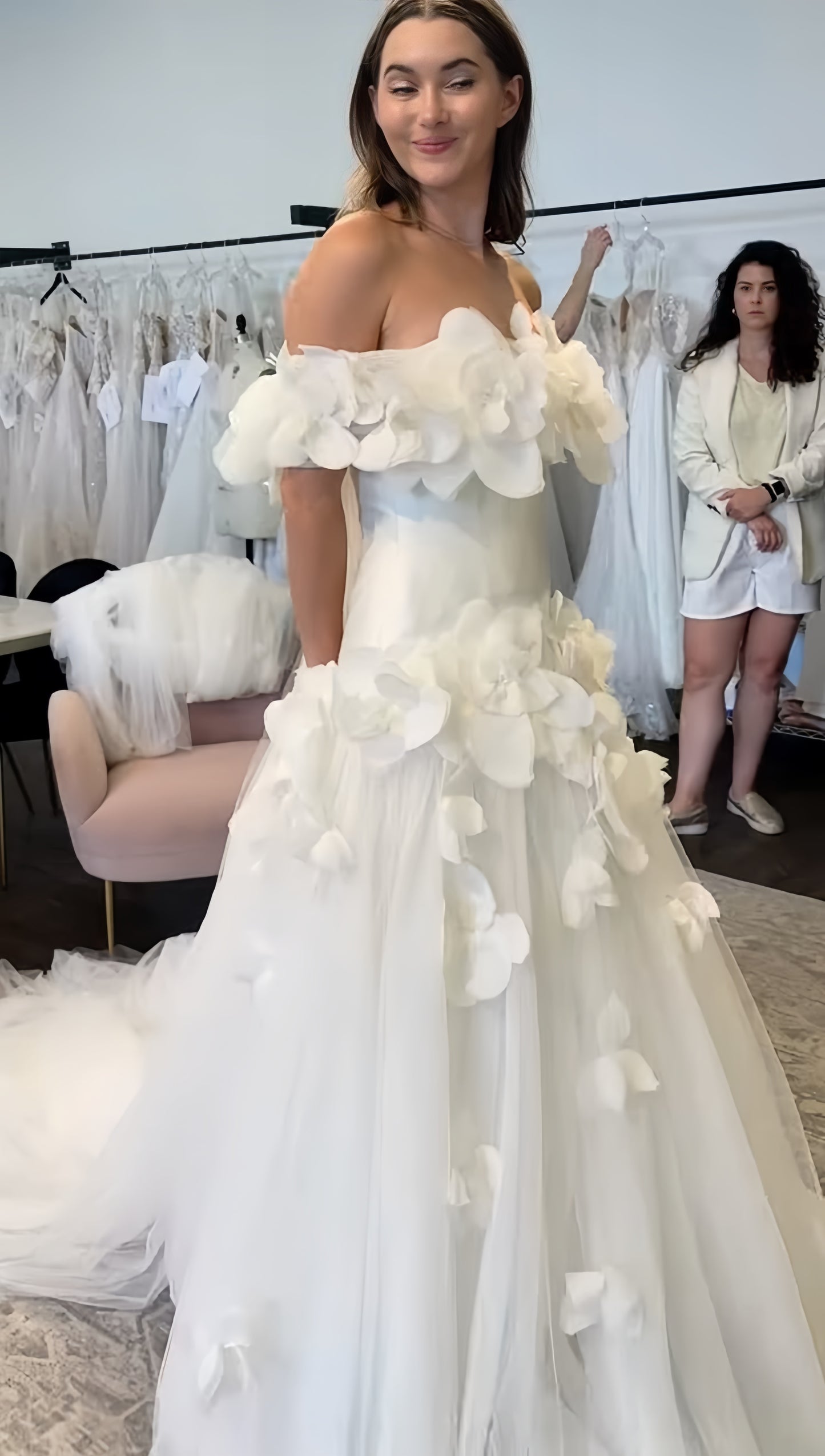 Off The Shoulder 3D Floral Wedding Dresses Tulle A-line Bridal Dress, AST1923