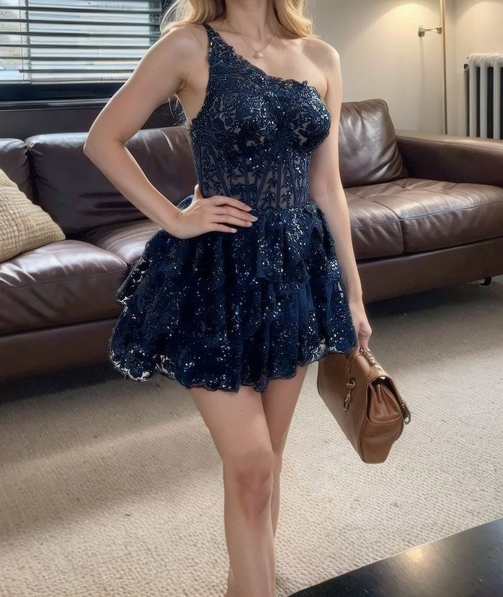 One Shoulder Lace Homecoming Dress Mini Party Gown, AST1036