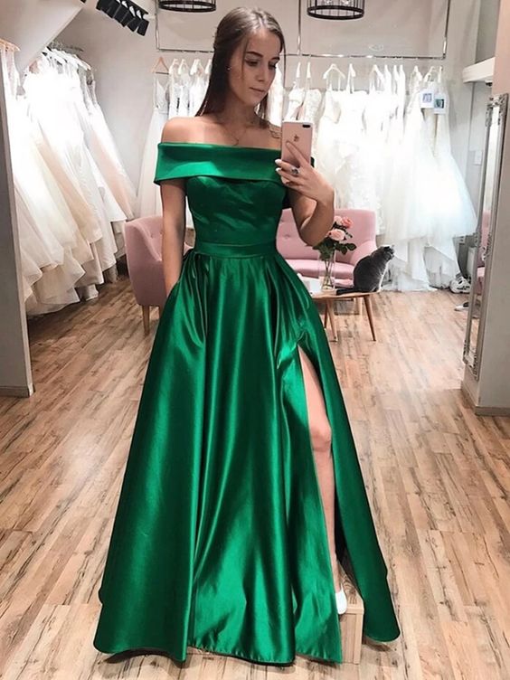 Green Prom Dress Off-Shoulder with Slit - Formal Evening Gown
