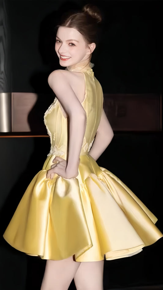 Pastel Yellow Halter Prom Dresses Appliques Homecoming Dress, AST2036