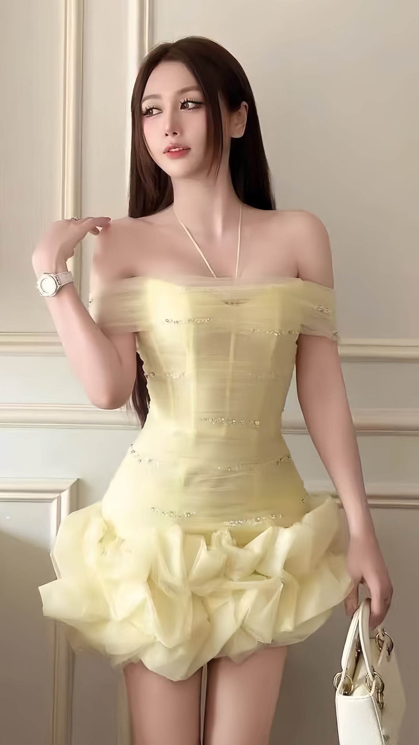 Pastel Yellow Off The Shoulder Homecoming Dresses Beaded Ruffle Dress,AST1982