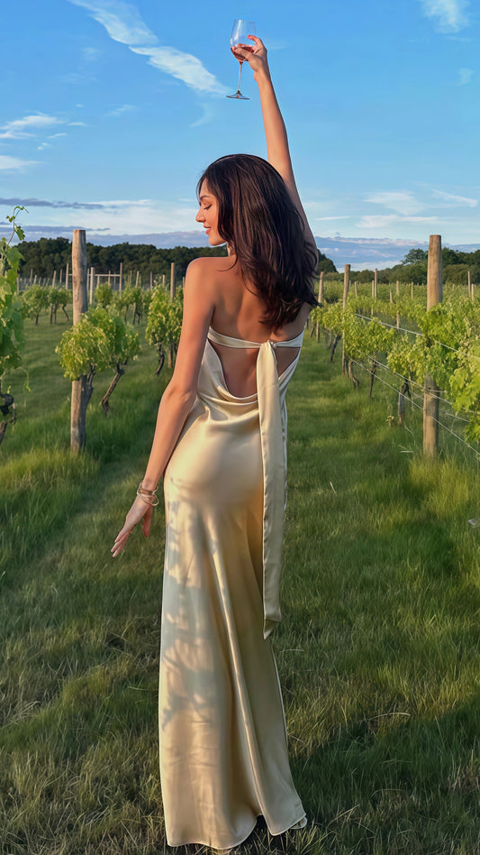 Pastel Yellow Sheath Long Prom Dress, Satin Backless Evening Dress, AST1748