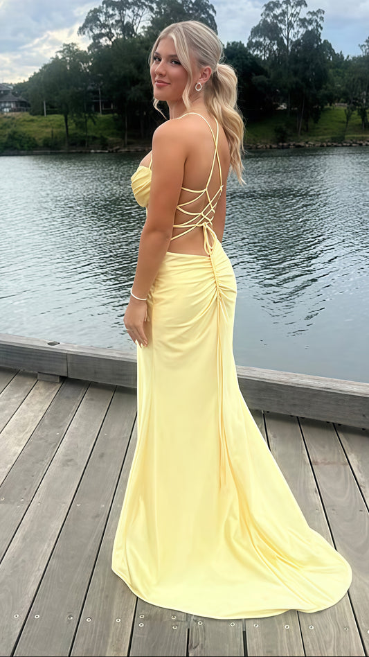 Pastel Yellow Sheath Prom Dress, Split Celebrity Dress,AST1685